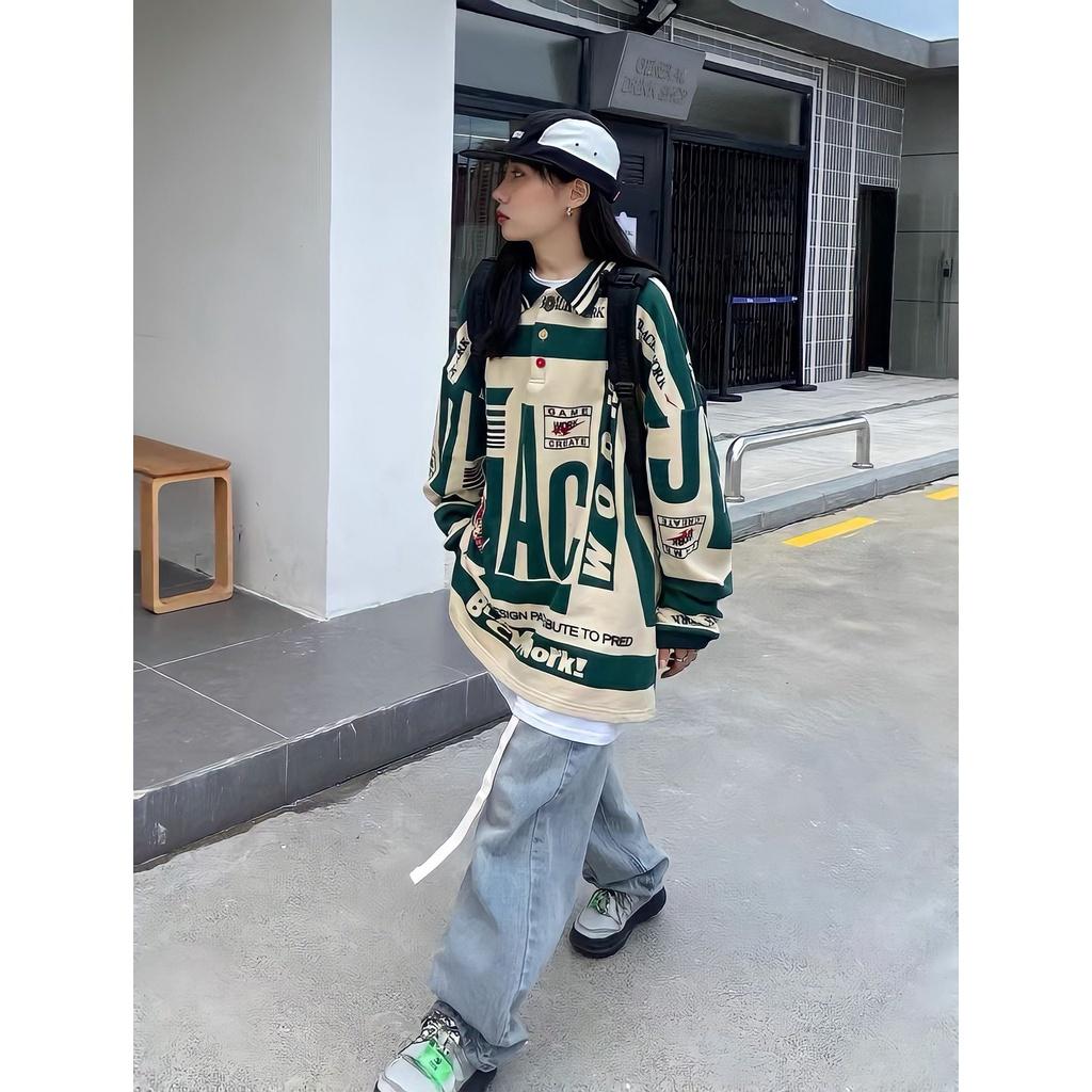 Áo Sweater Cổ Polo Dài Tay In Chữ BLACK WORK Phối Màu Xanh Be Dáng Rộng Basic
