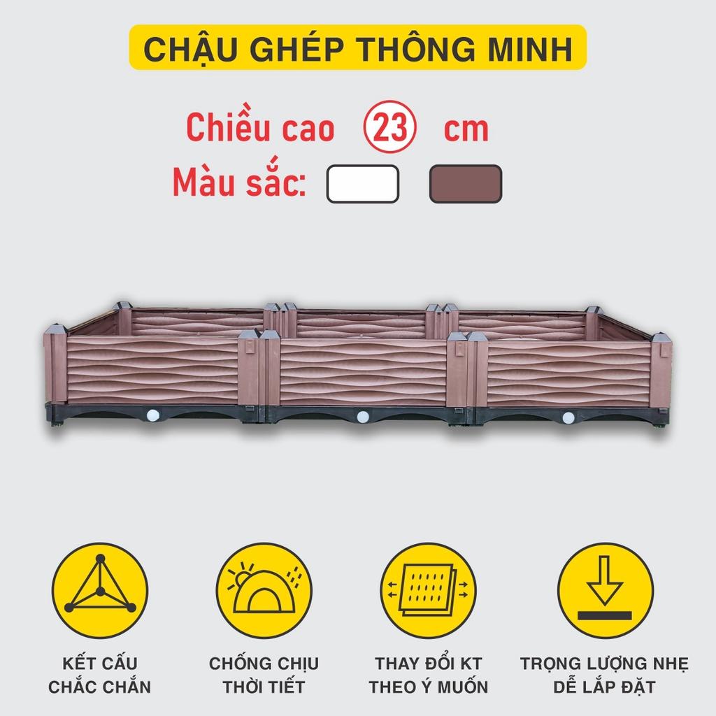 Chậu trồng rau lắp ghép. KT 150x50x23 cm.Đáy thoát nước chống ngập úng.Sang trọng - Thẩm mỹ - Bền hơn 10 năm.Bảo hành 1 năm toàn quốc