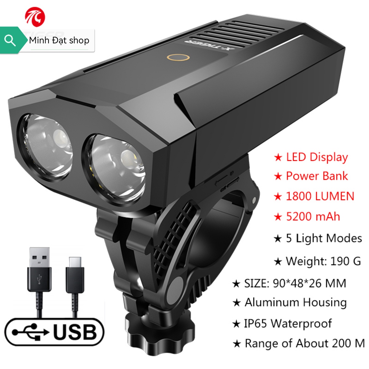 Đèn pha xe đạp x tiger 1101 1800 lumen siêu sáng