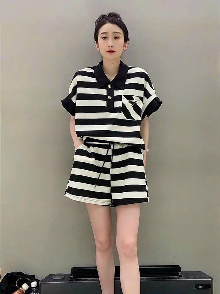 Set bộ short nữ thun sọc cổ bẻ - Hàng nhập cao cấp