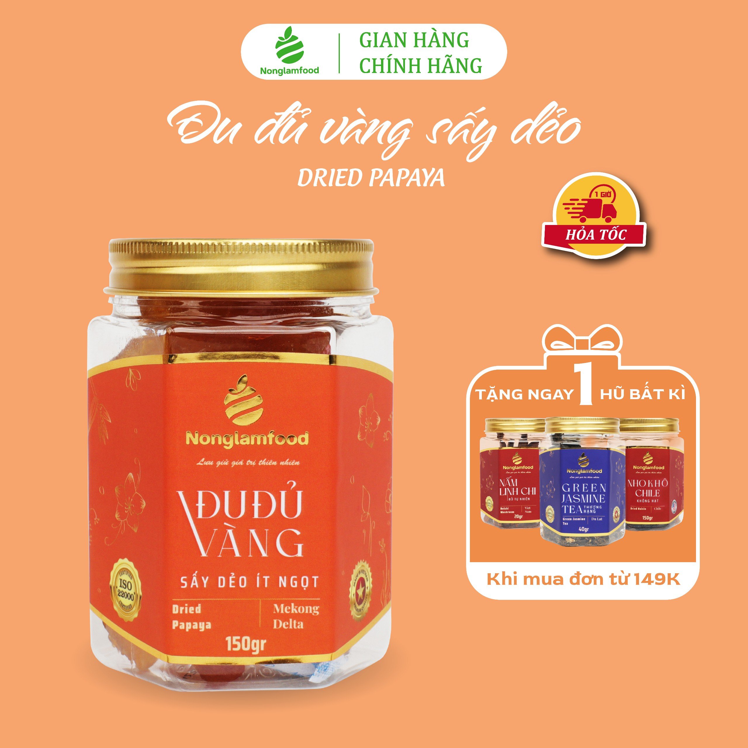 Đu đủ sấy dẻo thượng hạng Nonglamfood hũ 150g | Quà tặng cao cấp Xuân Giáp Thìn cho người thân, bạn bè, doanh nghiệp