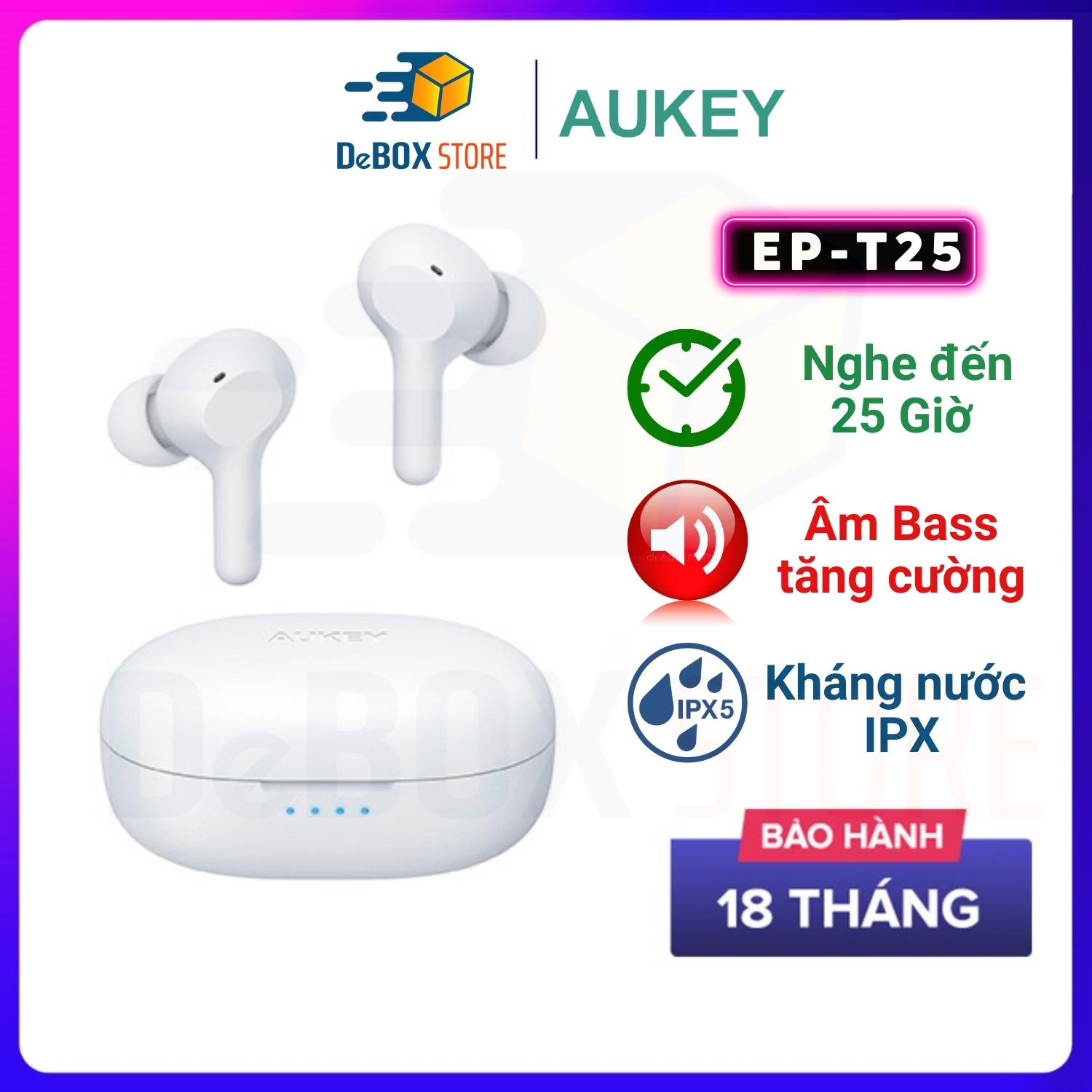 Tai Nghe Bluetooth Không Dây TWS AUKEY EP-T25, BT 5.0, Nghe 25H, Cảm Ứng, Chống Nước IPX5, Nghe Độc Lập 2 Tai - Hàng Chính Hãng