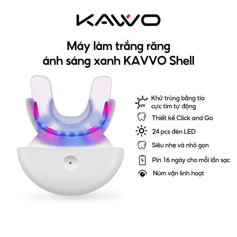 Máy làm trắng răng ánh sáng xanh KAVVO Shell, khử trùng bằng tia cực tím, thiết kế click&go nhỏ gọn, pin lên đến 16 ngày - Hàng chính hãng