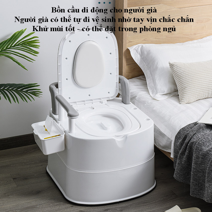 Bô cho người già - Bồn cầu di động CÓ TAY VỊN, TỰA LƯNG, NẮP KÉP NGĂN MÙI VÀ CHỐNG TRƯỢT BO QUANH  cho người già, phụ nữ mang thai, người bệnh khó vận động