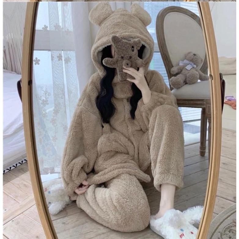 Bộ đồ ngủ tai gấu mùa đông màu nâu be Hàn Quốc Chất lông dày dặn from rộng ULZZANG, XUONGMAYSIGIARE