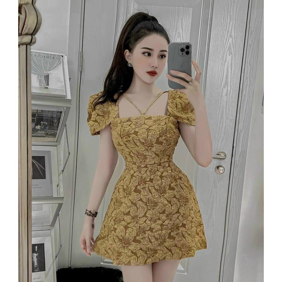 FREE SHIP Đầm Váy Nữ Chất Liệu Gấm Tay Phồng Cổ Vuông Phối Dây Kéo Cao Ngực Thiết Kế Sang Chảnh KIM GIA DS