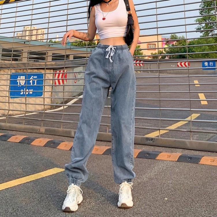 Quần jean baggy Unisex QJ003 Xanh nhạt trơn - rách lưng thun phong cách hip hop