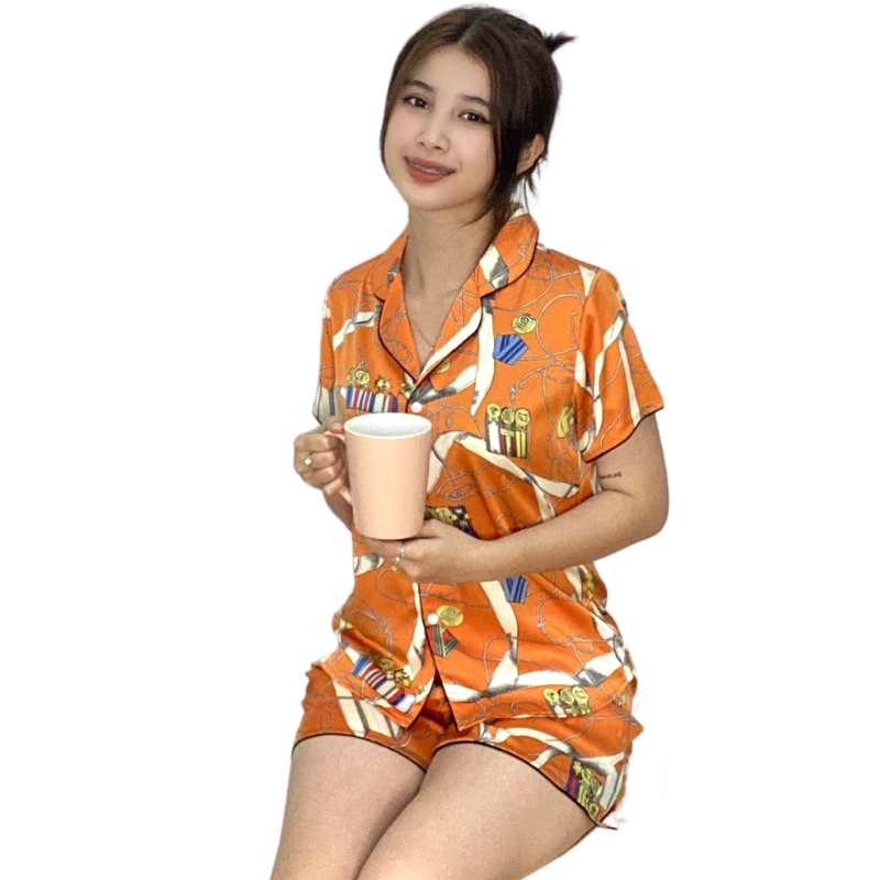 Đồ bộ Pyjama lụa, đồ mặc nhà nữ VILADY - B134 kiểu quần đùi tay cộc, họa tiết siêu dễ thương, chất liệu lụa Pháp - Màu cam