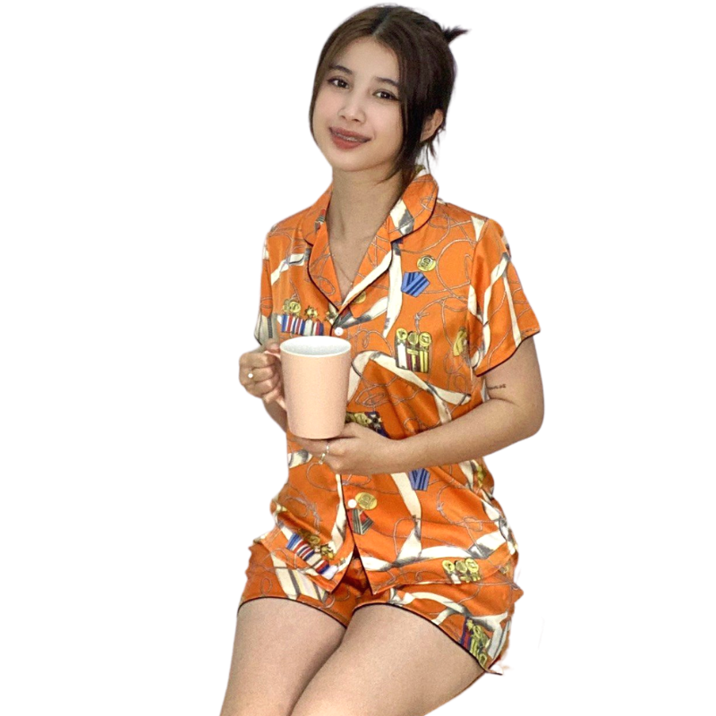 Đồ bộ Pyjama lụa, đồ mặc nhà nữ VILADY  - B134 kiểu quần đùi tay cộc, họa tiết siêu dễ thương, chất liệu lụa Pháp ( lụa latin) - Màu cam