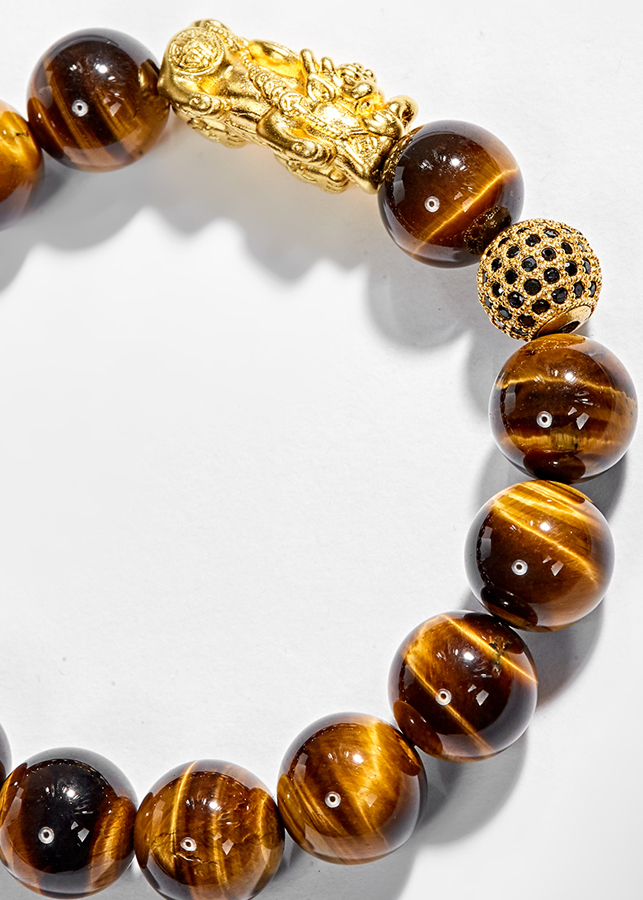 Vòng Tay Nam Đá Mắt Hổ Vàng Nâu Phối Tỳ Hưu Bạc Mạ Vàng 24K Ngọc Quý Gemstones