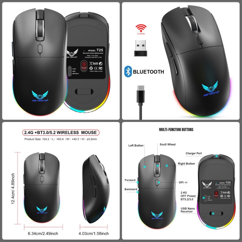 Chuột Led Không Dây Pin sạc T25 Gaming Cổng sạc TypeC chống mỏi cổ tay cho máy tính laptop hàng nhập khẩu