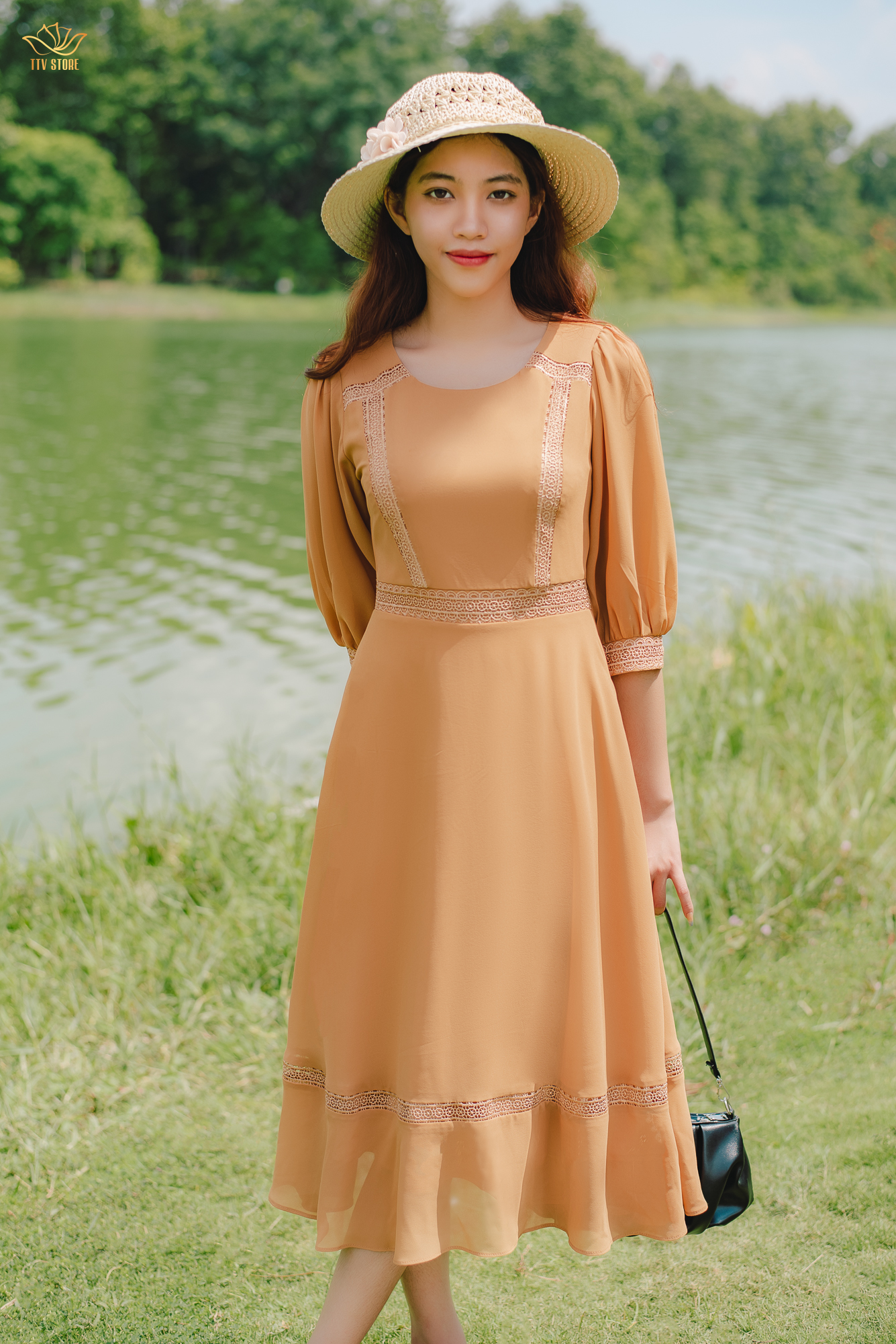 Đầm Form A thiết kế dáng dài  Cổ tròn tay lở phối ren màu Da TTV STORE TTV1389