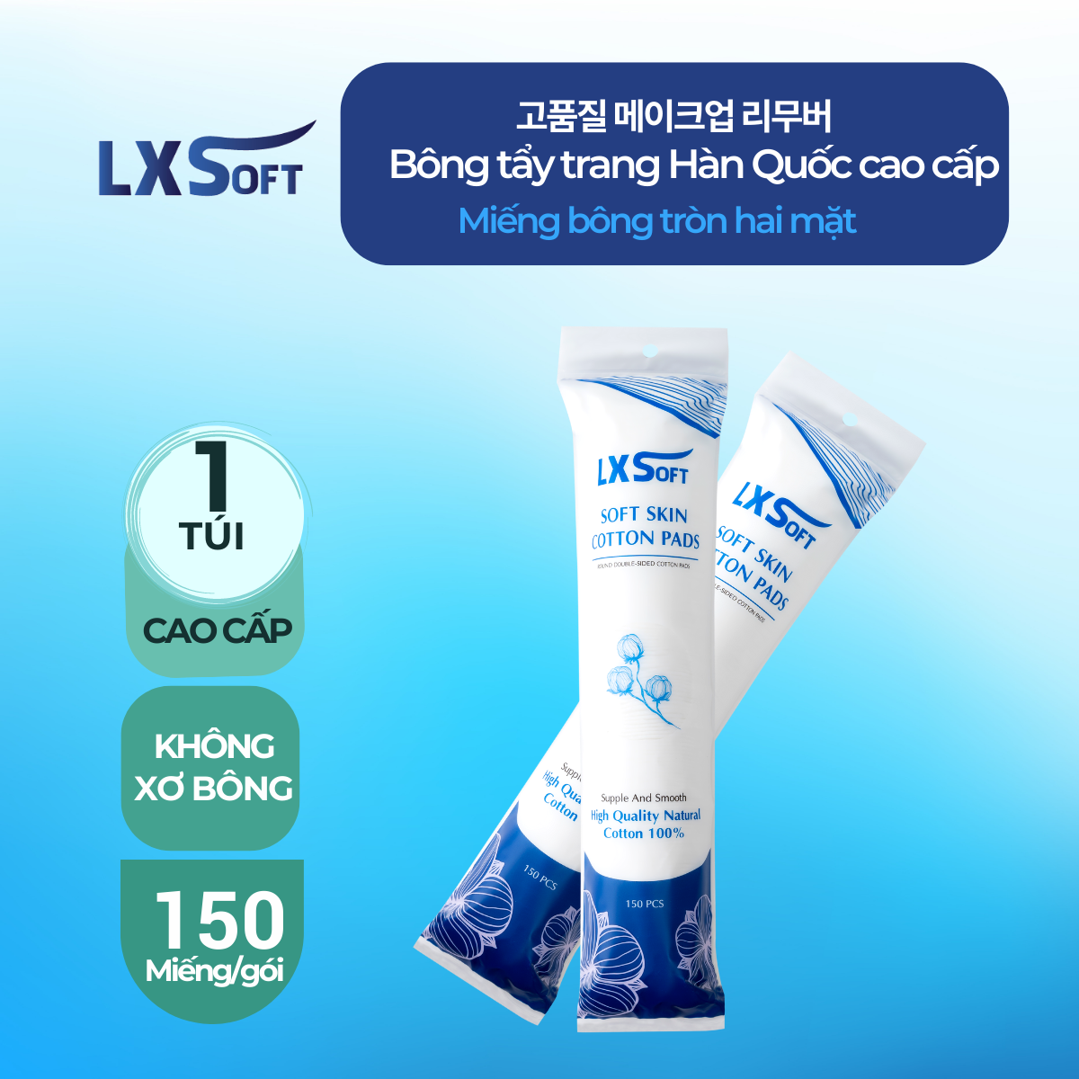 Bông T.ẩy Trang cao cấp LXSoft dạng miếng tròn (150 miếng)  Cotton M.ềm M.ịn, Dập vi.ền ch.ắc chắn, kh.ông xơ bông