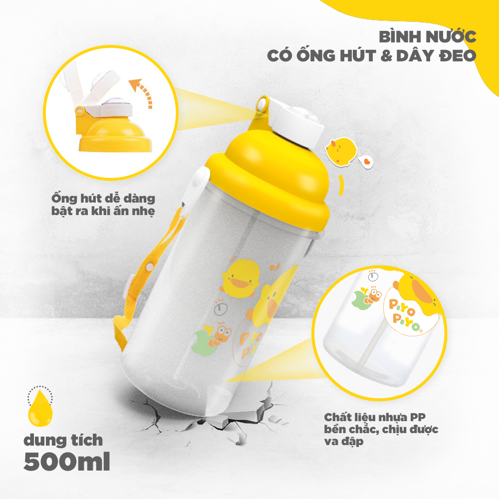 Bình nước cho bé đi học có dây đeo Piyo Piyo 500ml, ấn nút để mở, ống hút ngăn tràn