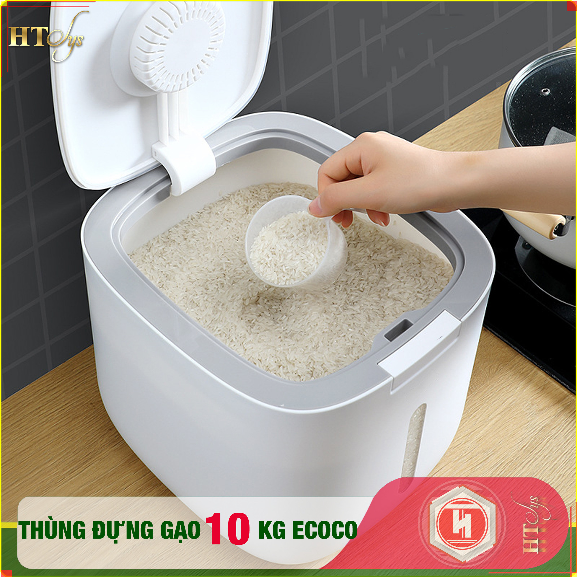 Thùng đựng gạo thông minh ECOCO - E2005 - Thiết kế dạng nhấn nút - Chống kiến - Chống ẩm - Chống mọt - Chất liệu ABS cao cấp+ 01 Vỉ móc Vàng Tài Lộc + 04 Khăn lau siêu thấm