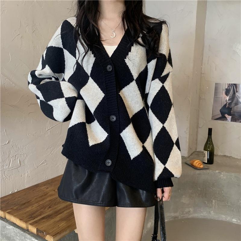 Áo khoác cardigan len nữ dệt kim kẻ ô caro họa tiết kim cương cổ V phối màu đen trắng dáng rộng bigsize H-16-1