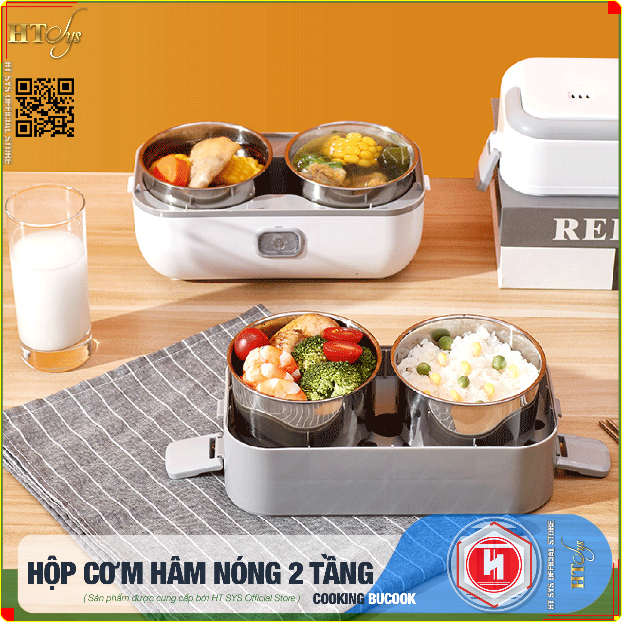 Hình ảnh Hộp cơm hâm nóng cắm điện HT SYS - BUCOOK DFH C02 - 2 Lít 2 Tầng 4 Ngăn Có Thể Nấu Và Hâm Nóng Thức Ăn, Ruột Bằng Inox 304