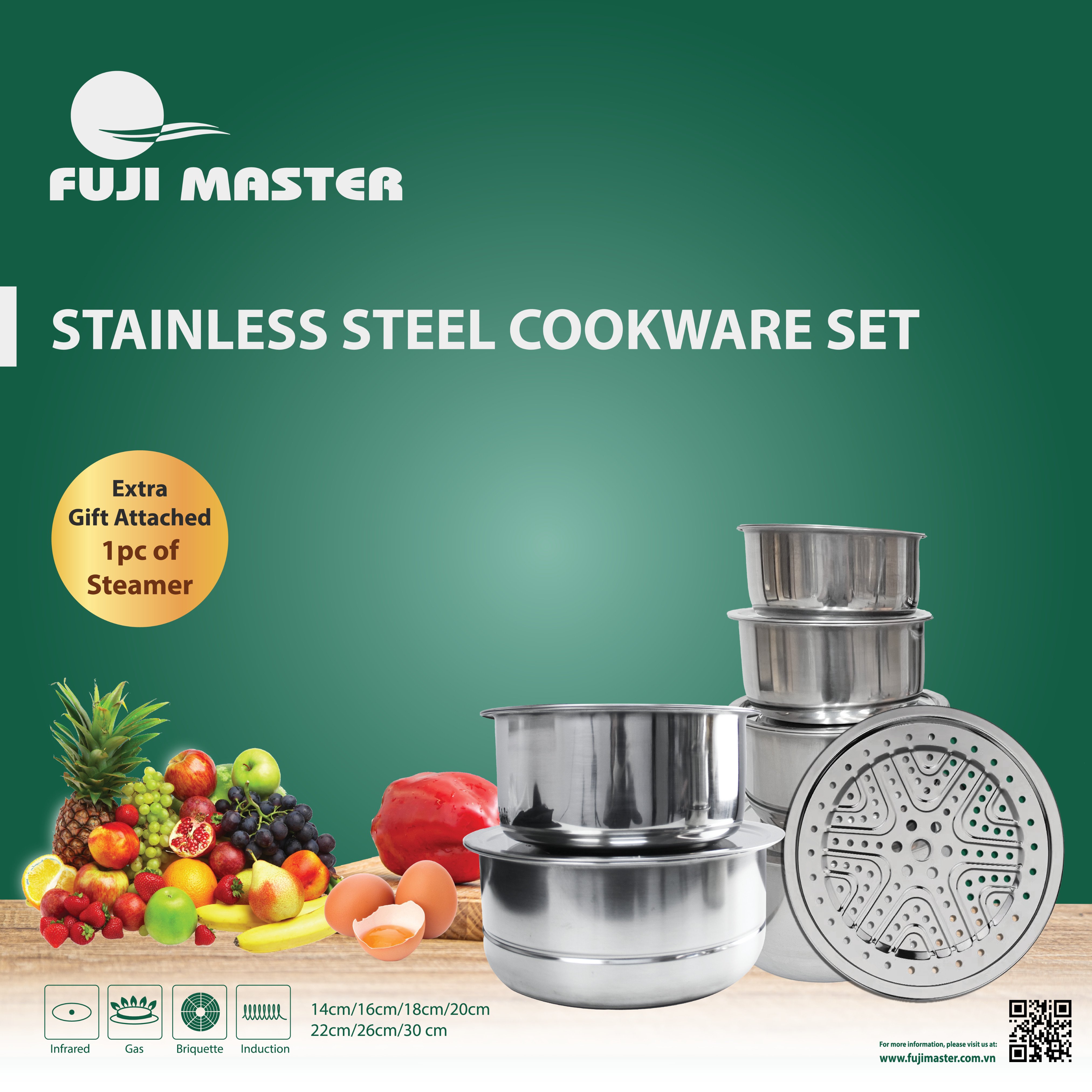 Bộ Nồi Inox Cao Cấp Fuji Master FJM-1322 - Gồm 7 Nồi Có Nắp (1 đáy dày 1mm)+ Tặng Kèm 1 vỉ hấp đường kính 29cm - Sử Dụng Cho Mọi Loại Bếp