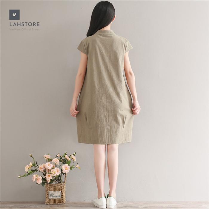 Đầm suông đũi cổ trụ LAHSTORE phối túi bên hông