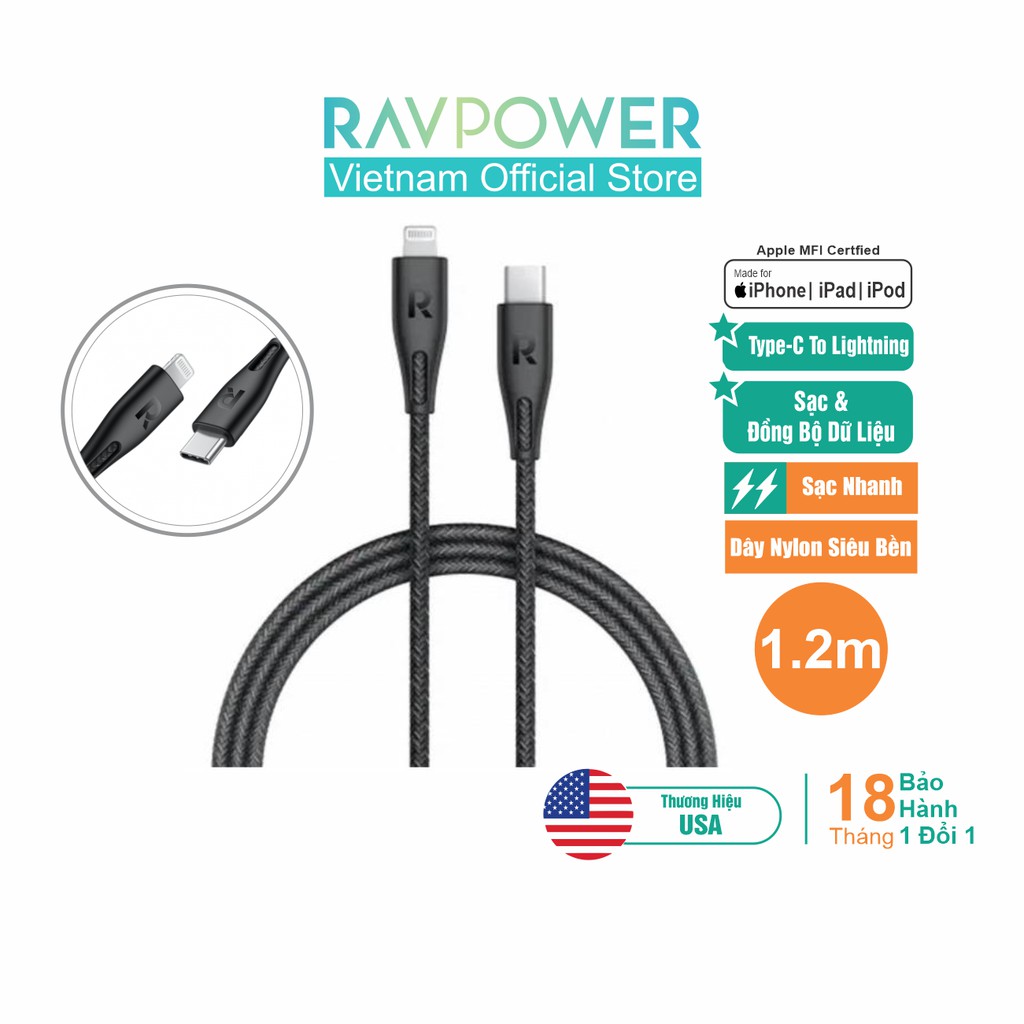 Dây Cáp Sạc RAVPower RP-CB1004 Type-C To Lightning 1,2M- Hàng Nhập Khẩu