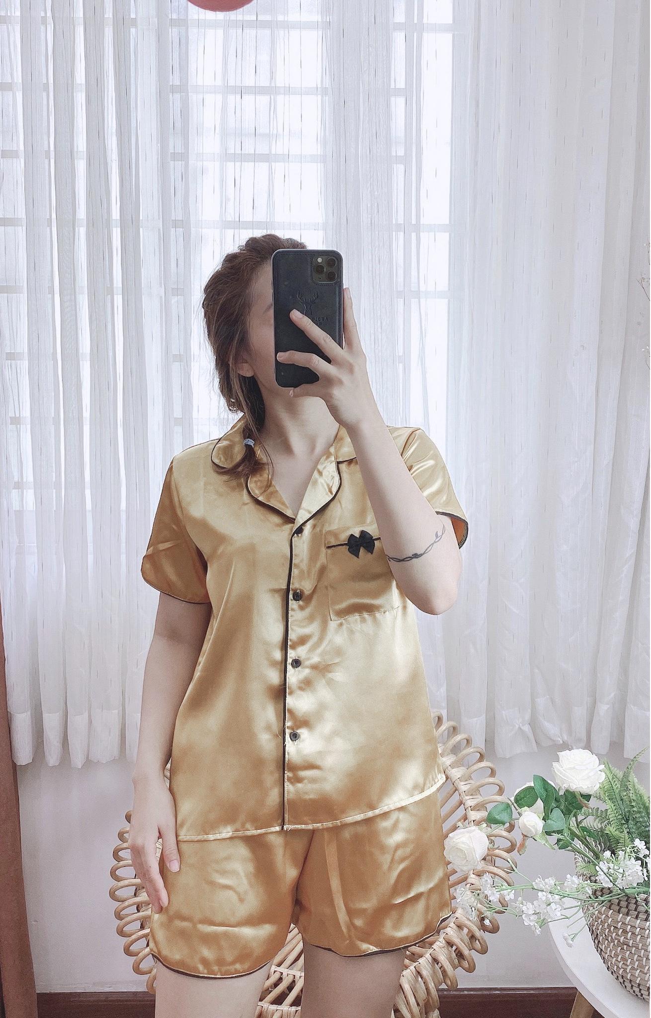 Đồ bộ ngủ mặc nhà nữ Lụa túi đính nơ dễ thương nhiều màu sắc dưới 62kg cho bạn gái tay ngắn quần đùi