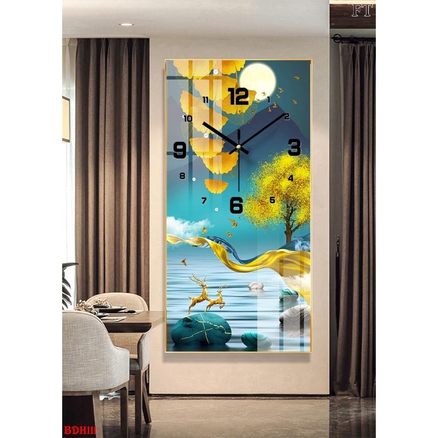 Đồng hồ treo tường hiện đại, tranh tráng gương trang trí nhà cửa phòng làm việc_HƯƠU NAI TÀI LỘC, tranh đồng hồ.