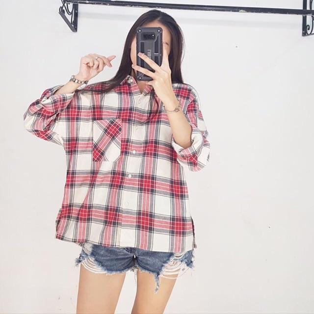 Áo aow mi oversize caro đỏ xám trắng