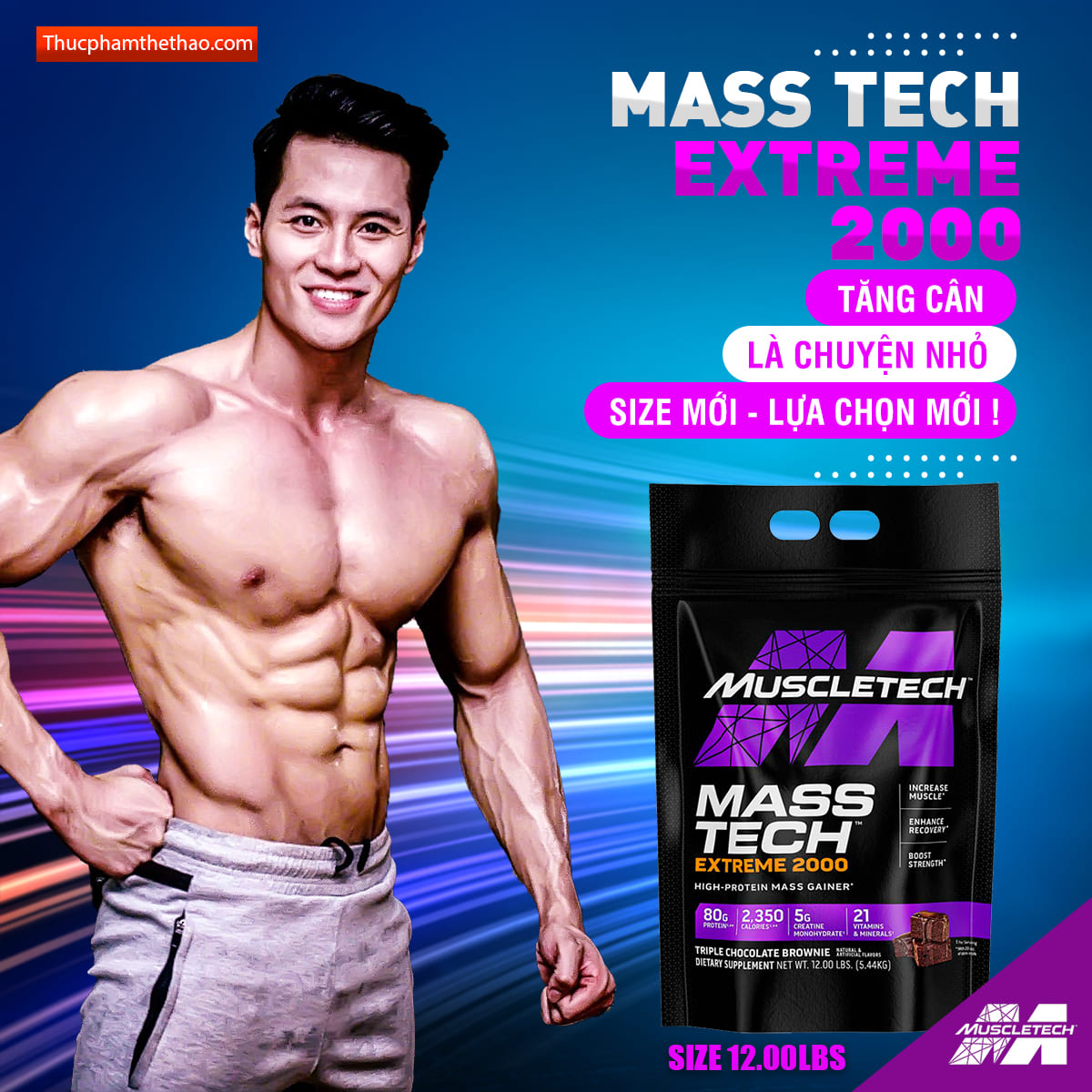 Sữa tăng cân MuscleTech - Mass Tech Extreme 2000 bịch 12lbs (5.4kg) - Nhiều Mùi Vị - Kèm Quà Tặng - Chính Hãng USA