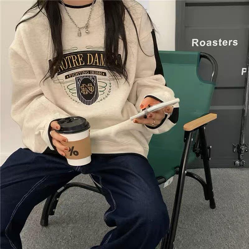Áo Sweater thêu DAME Unisex form rộng chất nỉ bông cao cấp mềm mịn hai màu xám trắng phong cách Retro - gin store