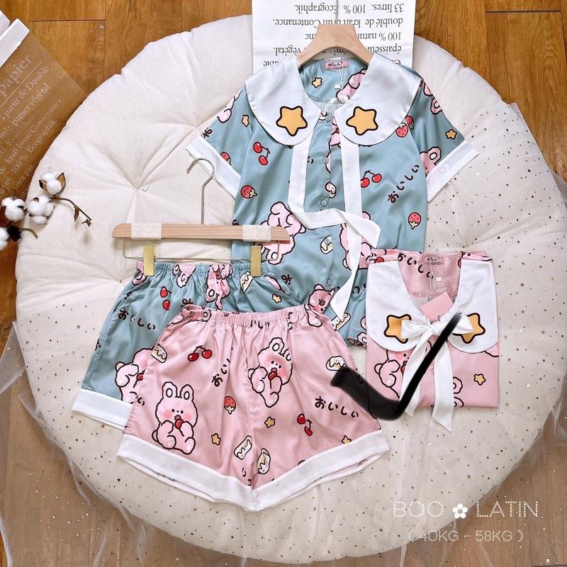 Đồ ngủ lụa latin cao cấp pijama áo cột nơ hoạ tiết quần đùi freesize 42-58kg