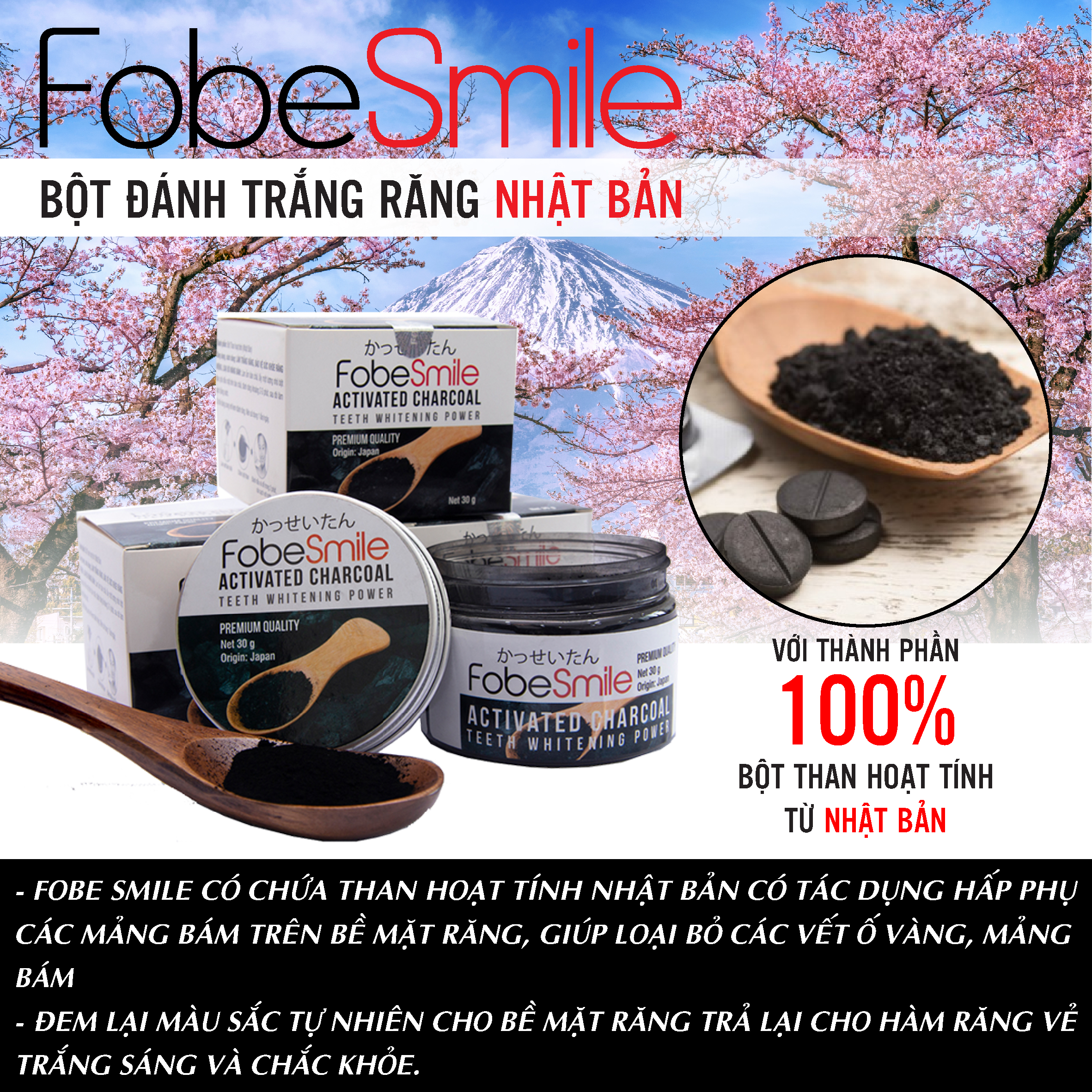 Bột Than Hoạt Tính Trắng Răng Sạch Mãng Bám Fobe Smile - Hũ 30 gram