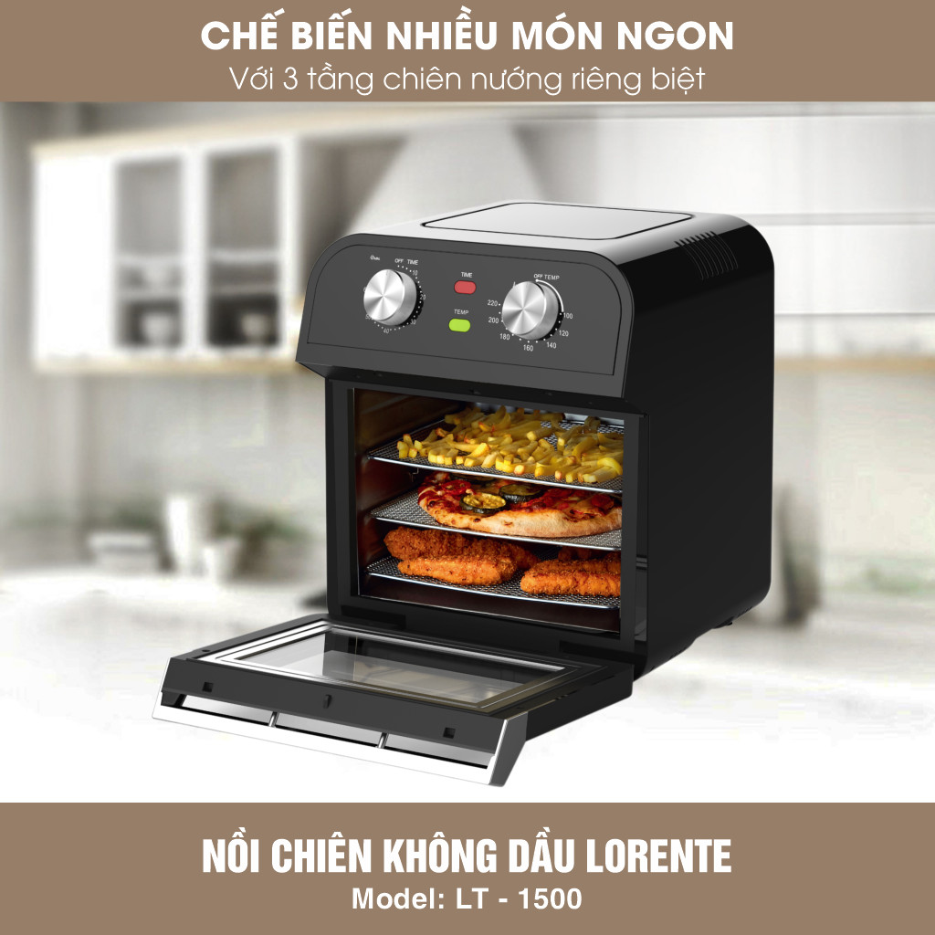 Nồi chiên Không dầu, kiêm Lò nướng đa năng 15L, Full phụ kiện Lorente LT1500 - Hàng Chính hãng