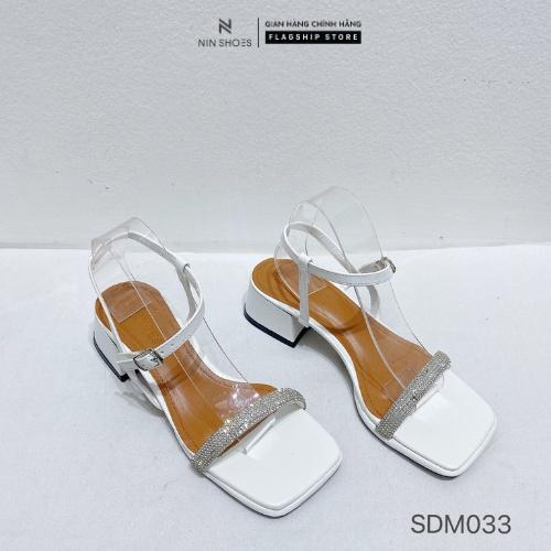 Giày sandal nữ Ninshoes - Sandal cao gót 3p mũi vuông đế vuông quai đính đá