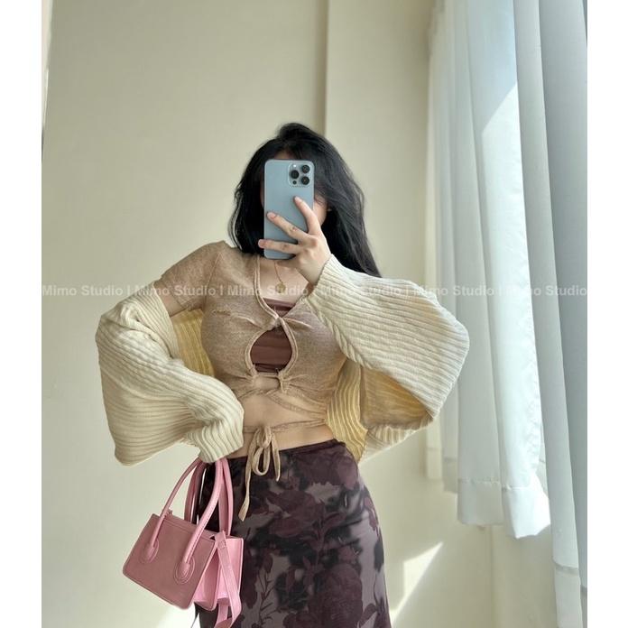 Set áo croptop nâu buộc dây - Váy lưới hoa dáng dài nâu 2 lớp