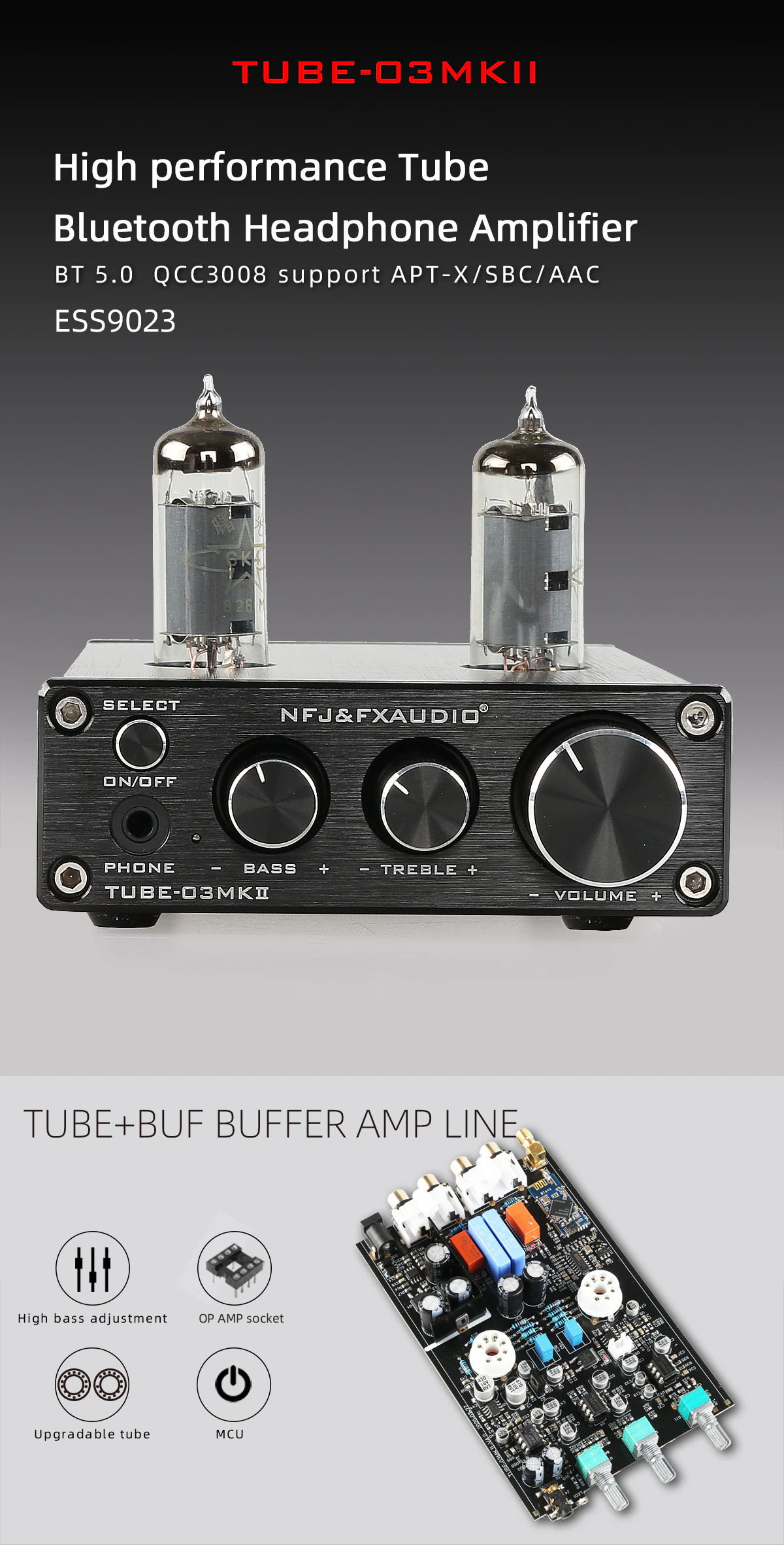 Bộ Preamplifier FX-AUDIO TUBE-03 MKII Bản Nâng Cấp Dùng Bóng 6K4 Chipset ESS9023 Công Nghệ Bluetooth 5.0 HIFI Audio Treble Bass Adjustment Pre-amps DC12V - Hàng Chính Hãng