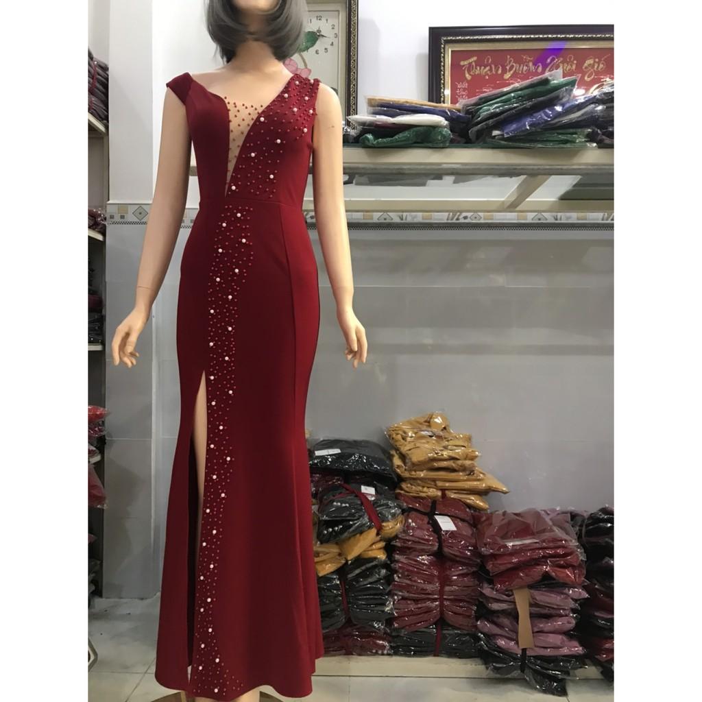 Đầm dạ hội trễ vai cườm sang trọng