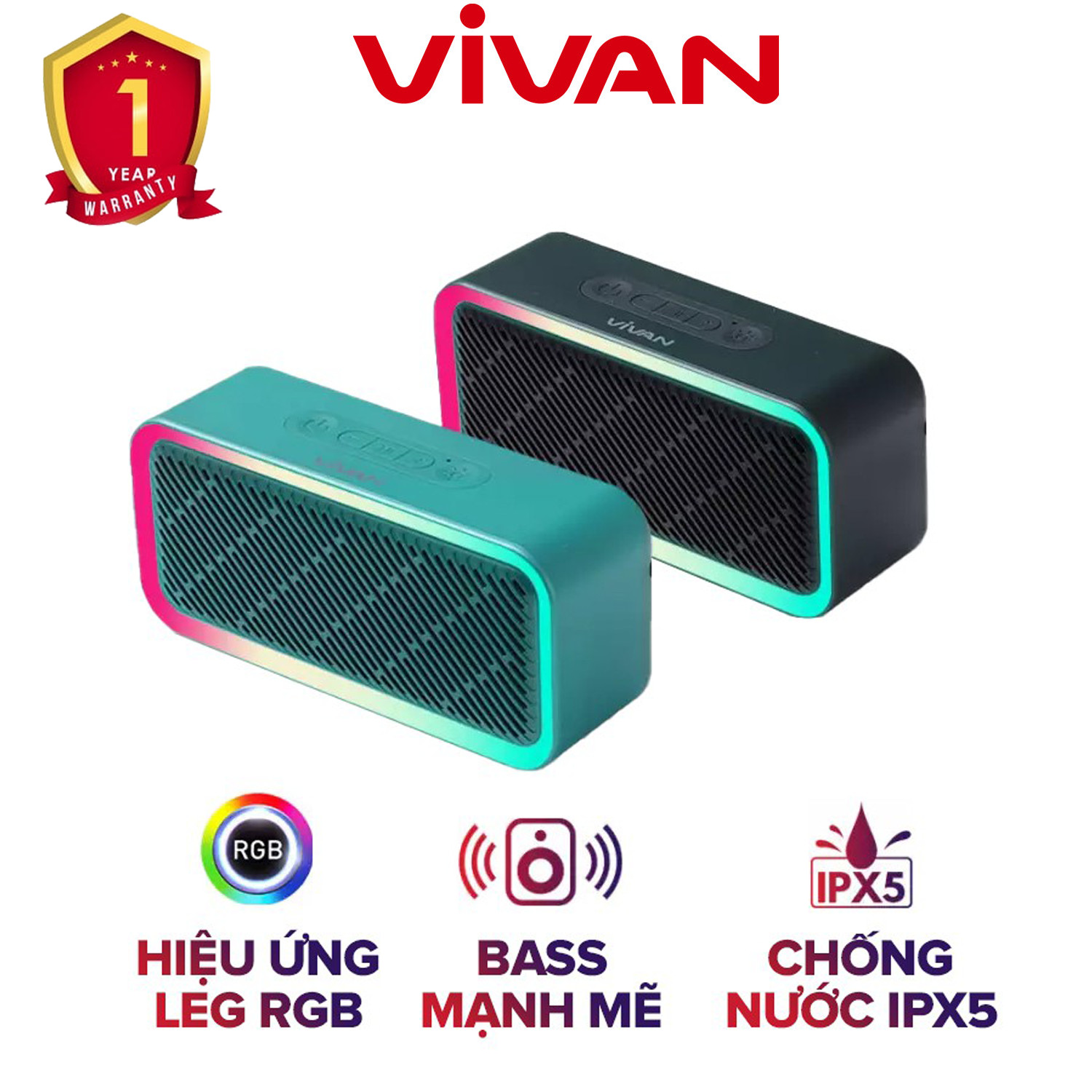 Loa Bluetooth VIVAN VS6 Công Suất 5W - LED RGB - Chống Nước IPX5 - 8H Playtime - Hàng Chính Hãng