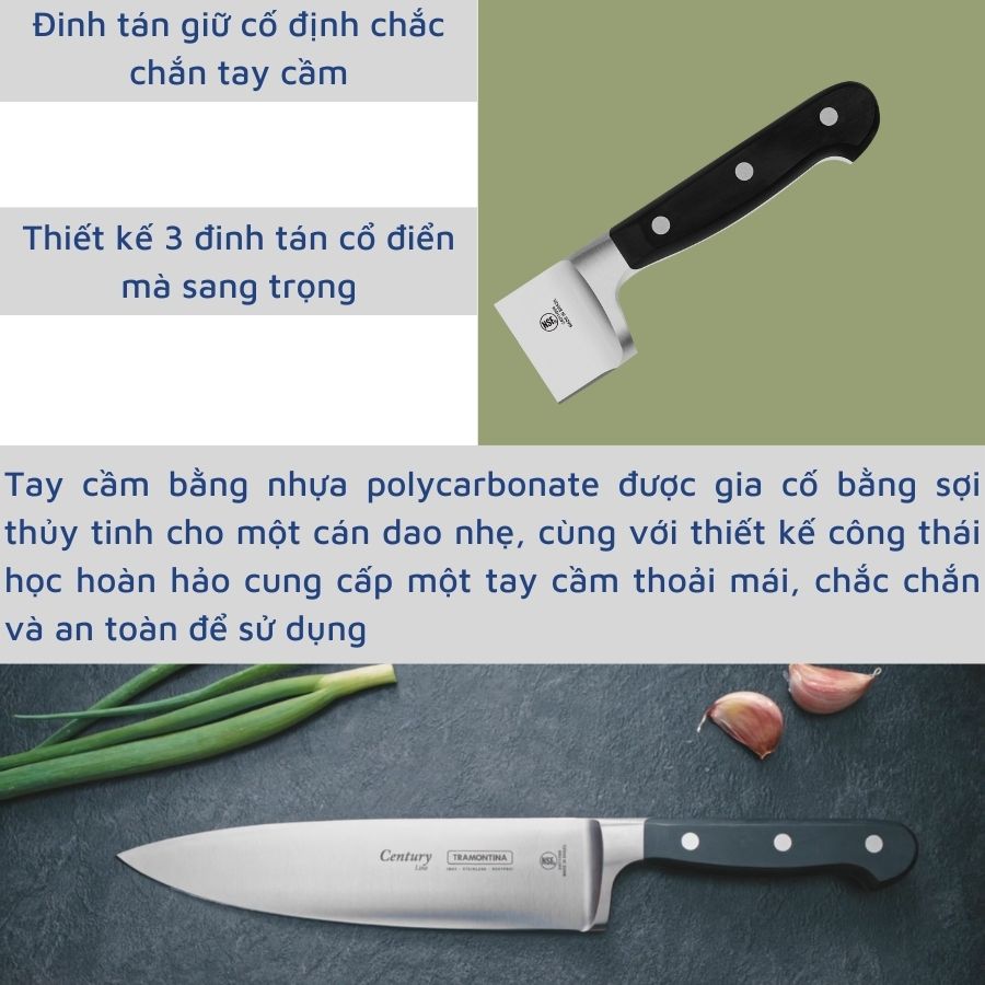 Combo 2 Dao Thép Rèn Nguyên Khối Cao Cấp Gồm 1 Dao Thái Thịt 20cm và 1 Dao Gọt Hoa Quả 10cm TRAMONTINA Century Sản Xuất Tại BRAZIL - Hàng Chính Hãng