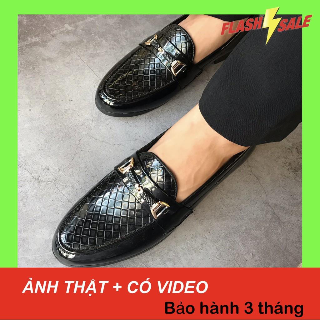 Giày lười nam công sở dập vân ô vuông màu đen da bóng sang trọng
