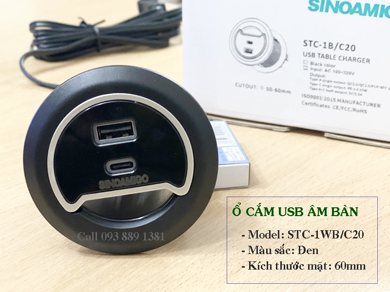 Ổ cắm USB âm bàn Sinoamigo STC-1W/C20, hai màu đen trắng - Hàng chính hãng