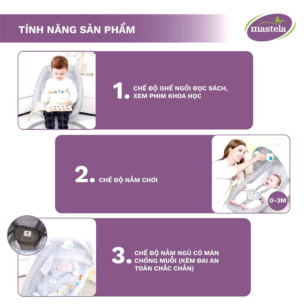Nôi điện cho bé điều khiển từ xa 5 chế độ đung đưa tự động, kết nối Bluetooth phát nhạc trắng ru ngủ Mastela, hàng nhập khẩu