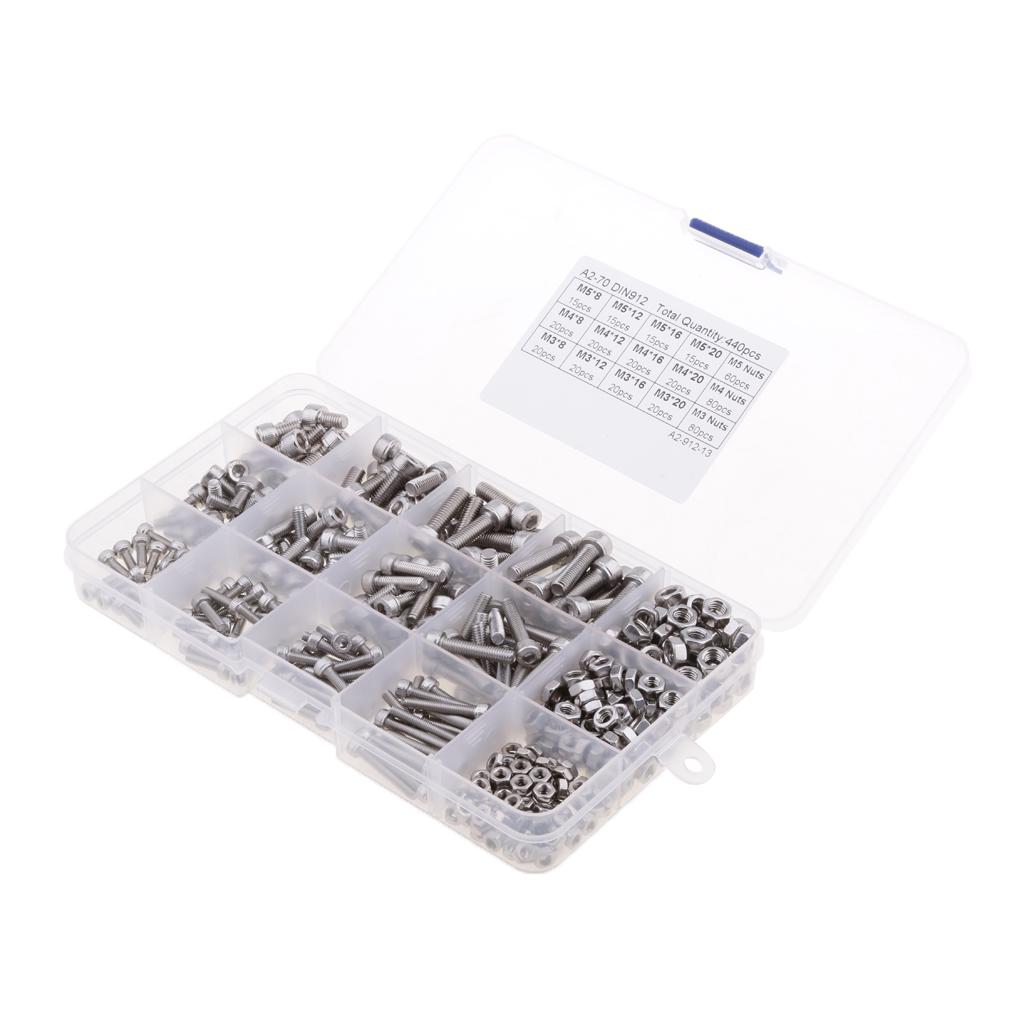 New 440pcs M3 M4 M5 304 Stainless Steel Hex Socket Head Bolts Screws Nuts Kit