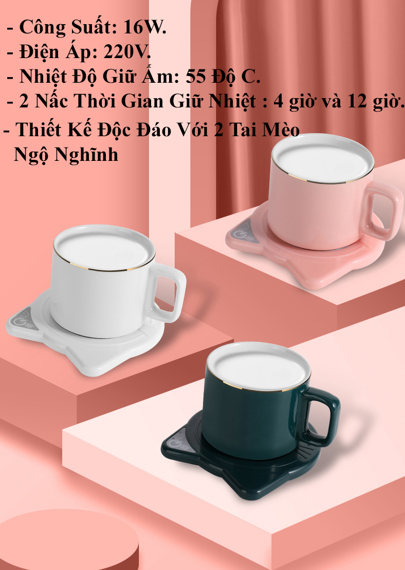 Đế Hâm Nóng Giữ Ấm Đồ Uống Hình Tai Mèo KUNBE Hâm Nóng Cà Phê Trà Sữa cho Bé Làm Nóng Đồ Uống Nhanh Chóng Tiện Lợi