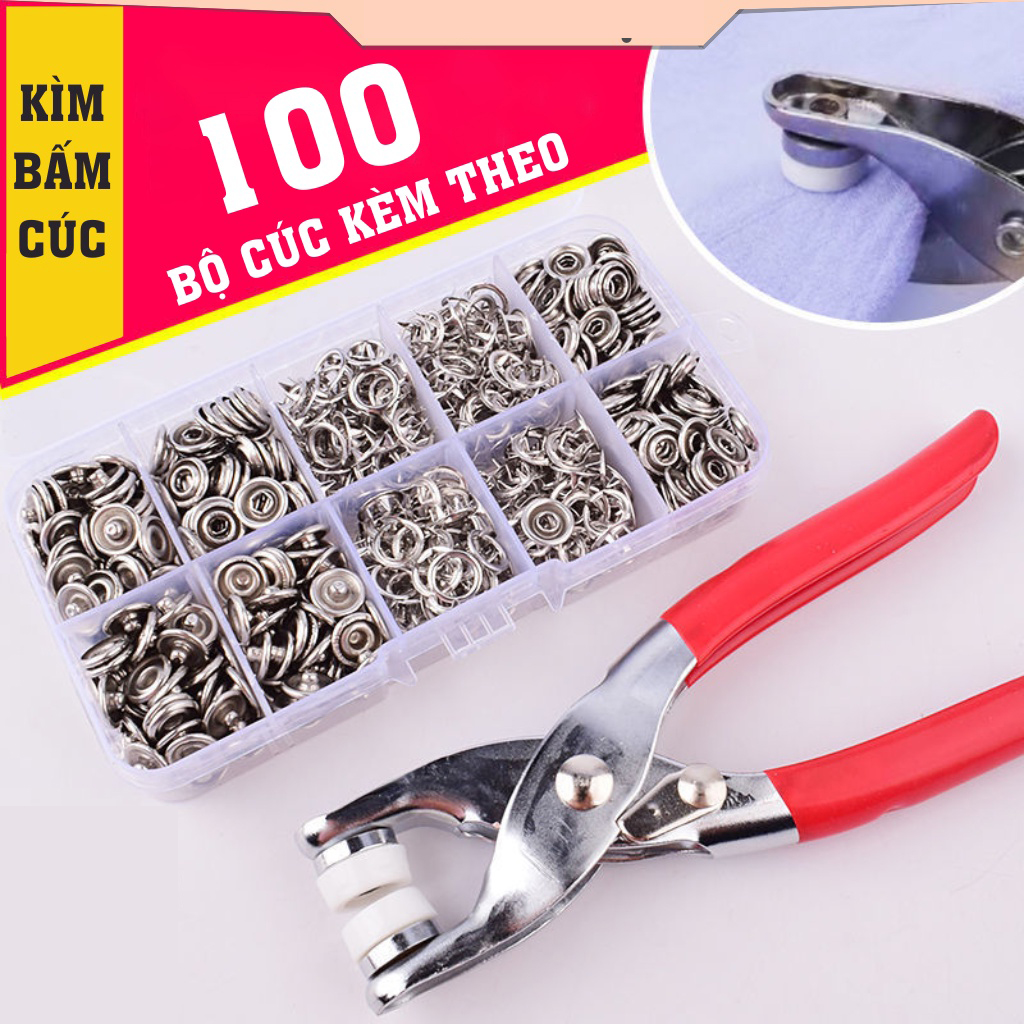 Bộ kìm bấm khuy cúc áo kèm hộp 100 chi tiết cúc áo, Dụng cụ bấm khuy đa năng