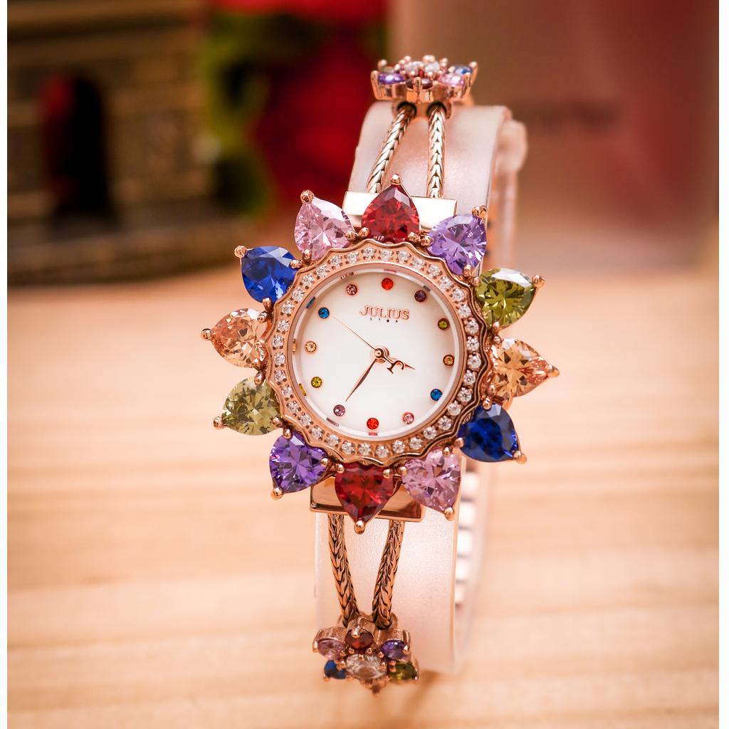 Đồng Hồ Nữ Chính Hãng Julius Star Cao Cấp Dây Kim Loại Mặt Hoa Đính Đá Kính Sapphire Đường Kính 37mm JS-021C