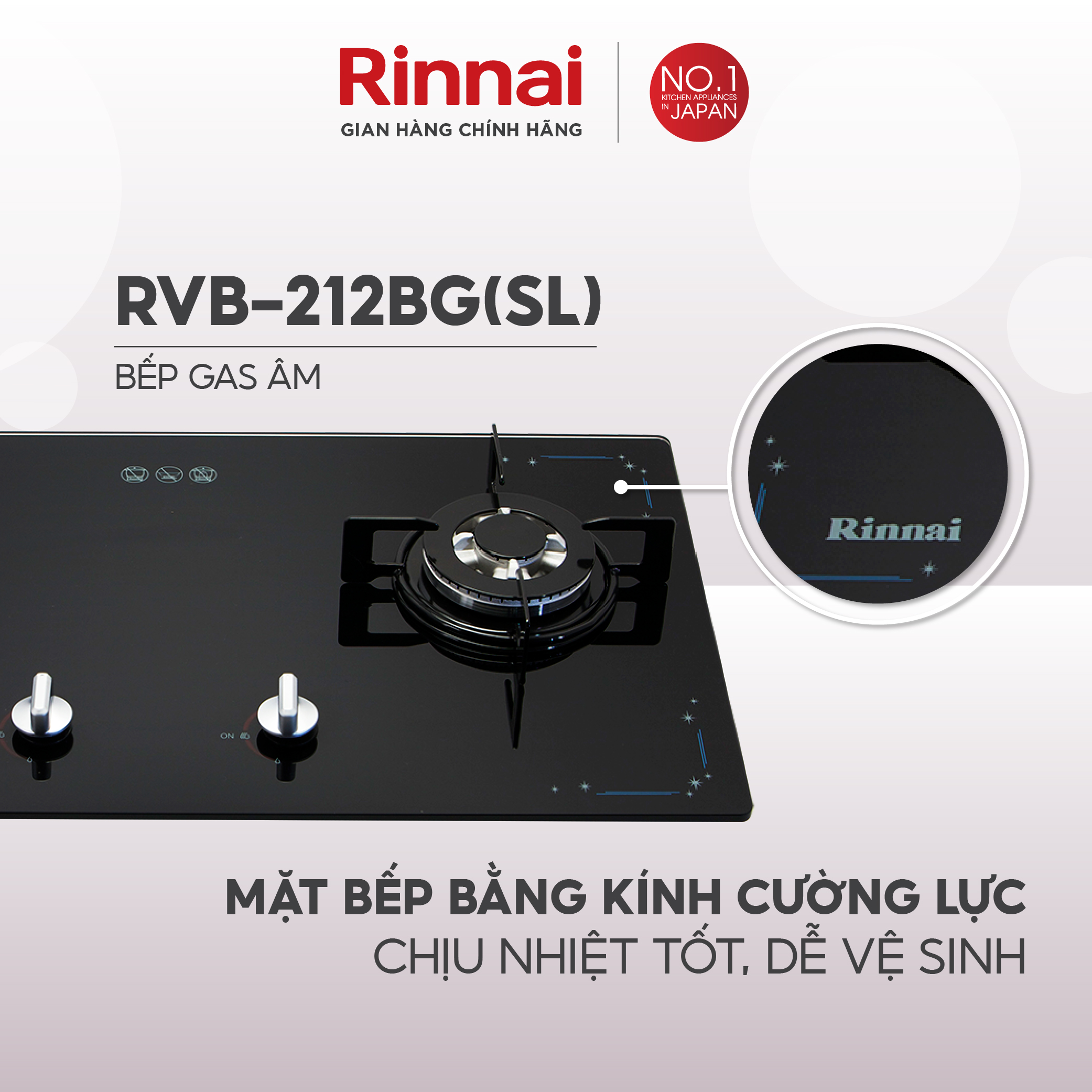 Bếp gas âm Rinnai RVB-212BG mặt bếp kính và kiềng bếp men - Hàng chính hãng.