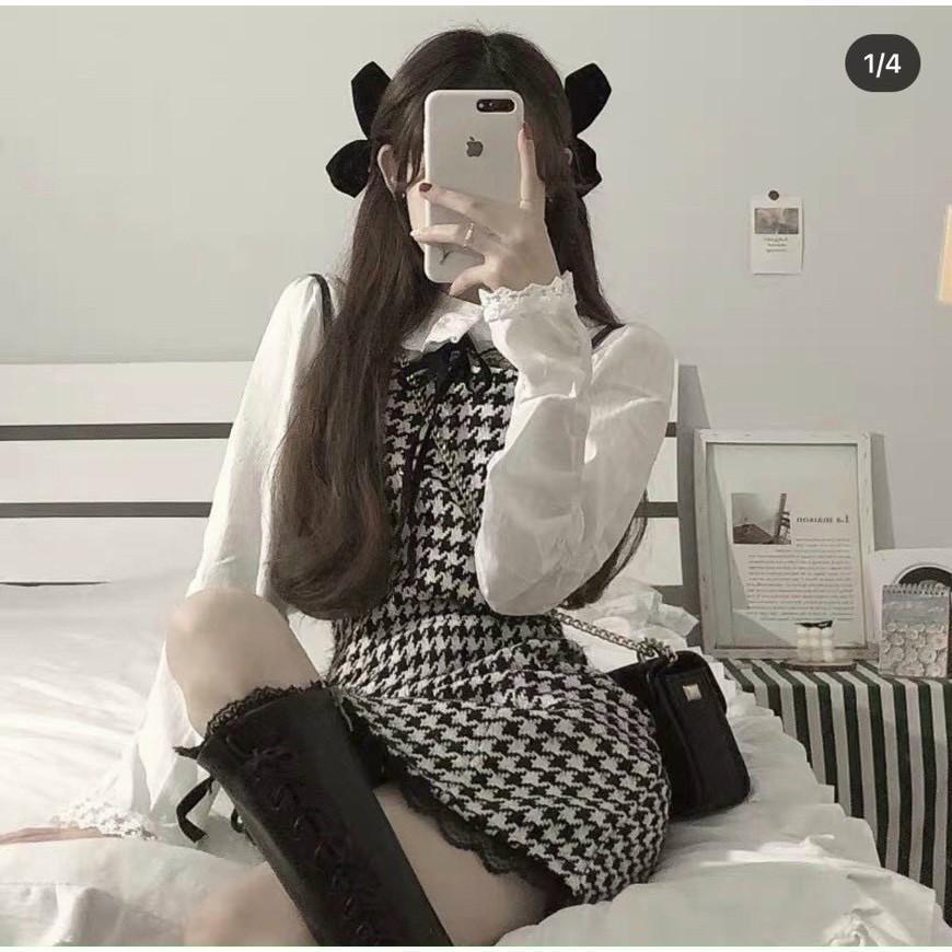 Set yếm caro đen viền ren + áo sơ mi trắng tay rút