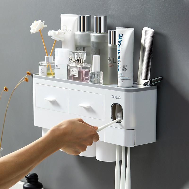Kệ Phòng Tắm Thông Minh Kèm 4 Cốc Hút Từ Tính Có Nhả Kem Đánh Răng Tự Động Lắp Đặt Dính Tường