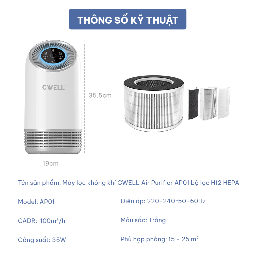 Máy lọc không khí CWELL Air Purifier AP01, lọc bụi mịn 3 cấp độ gió, không ồn, bộ lọc H12 HEPA - Hàng chính hãng