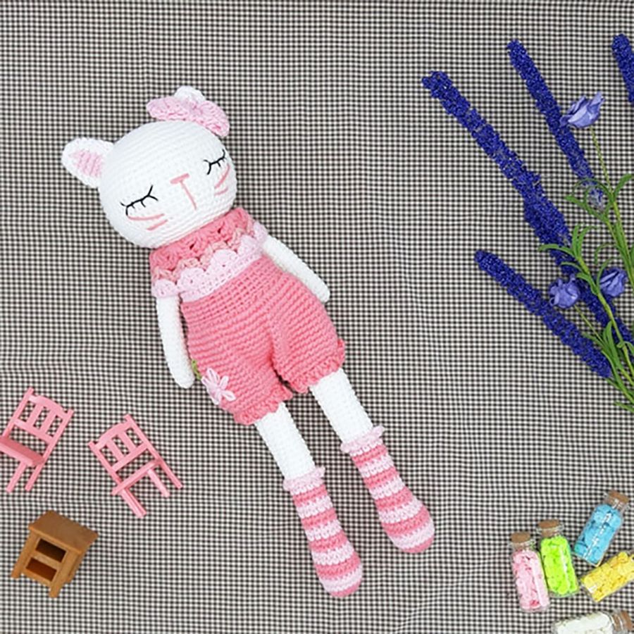 Gấu bông móc len Amigurumi cao cấp - Mèo Kitty chân dài màu hồng quà tặng thú nhồi bông - SP000288